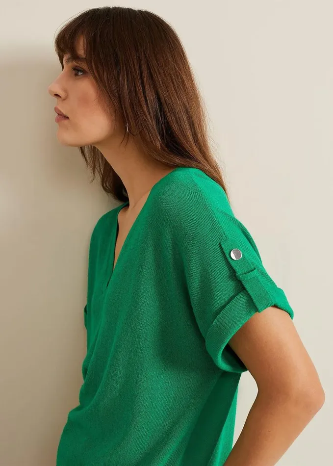 Phase Eight Laura Linen Metal Button Tab Top Green Women Knitwear