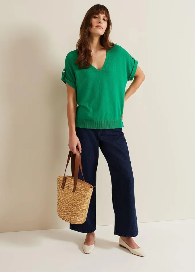 Phase Eight Laura Linen Metal Button Tab Top Green Women Knitwear