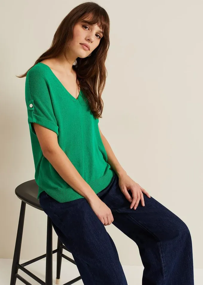 Phase Eight Laura Linen Metal Button Tab Top Green Women Knitwear