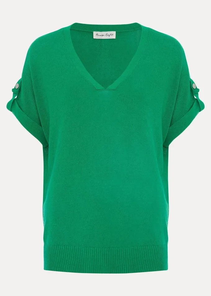 Phase Eight Laura Linen Metal Button Tab Top Green Women Knitwear