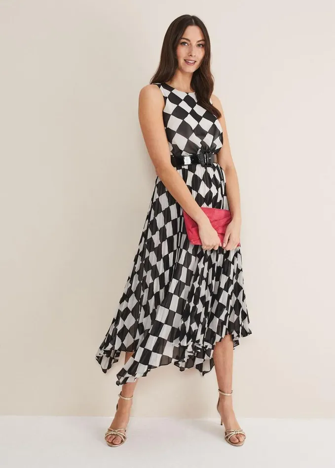 Phase Eight Laurel Checked Pleated Midi Dress Blackwhite Women Dresses