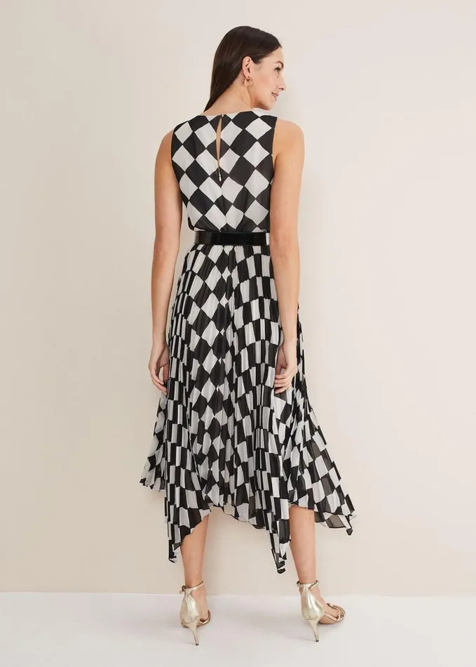 Phase Eight Laurel Checked Pleated Midi Dress Blackwhite Women Dresses