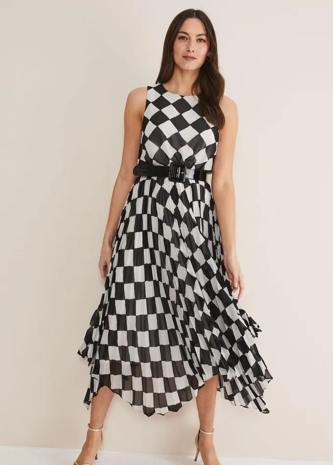 Phase Eight Laurel Checked Pleated Midi Dress Blackwhite Women Dresses