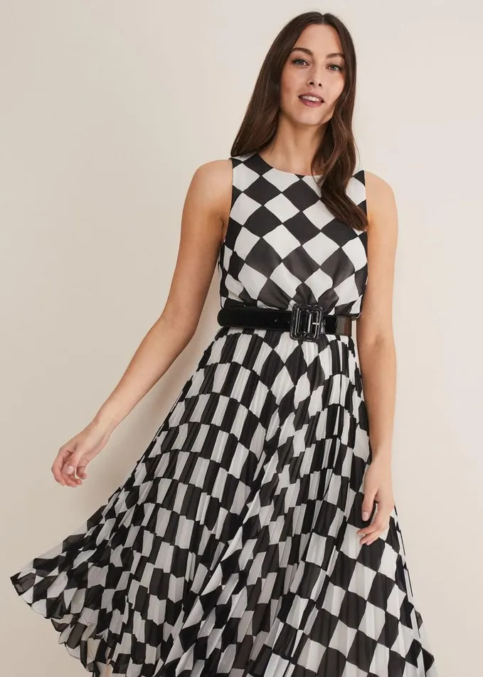 Phase Eight Laurel Checked Pleated Midi Dress Blackwhite Women Dresses