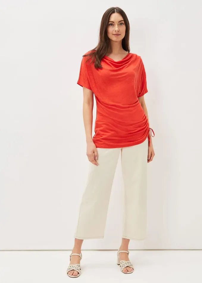 Phase Eight Lea Longline Ruched Linen Top Chilli Red Women Tops and TShirts