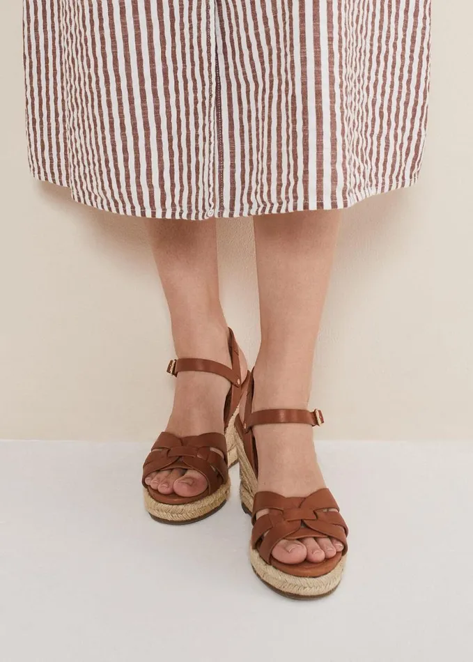 Phase Eight Leather Multi Strap Wedge Espadrille Tan Women Heels