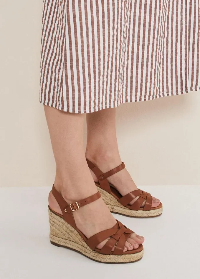 Phase Eight Leather Multi Strap Wedge Espadrille Tan Women Heels