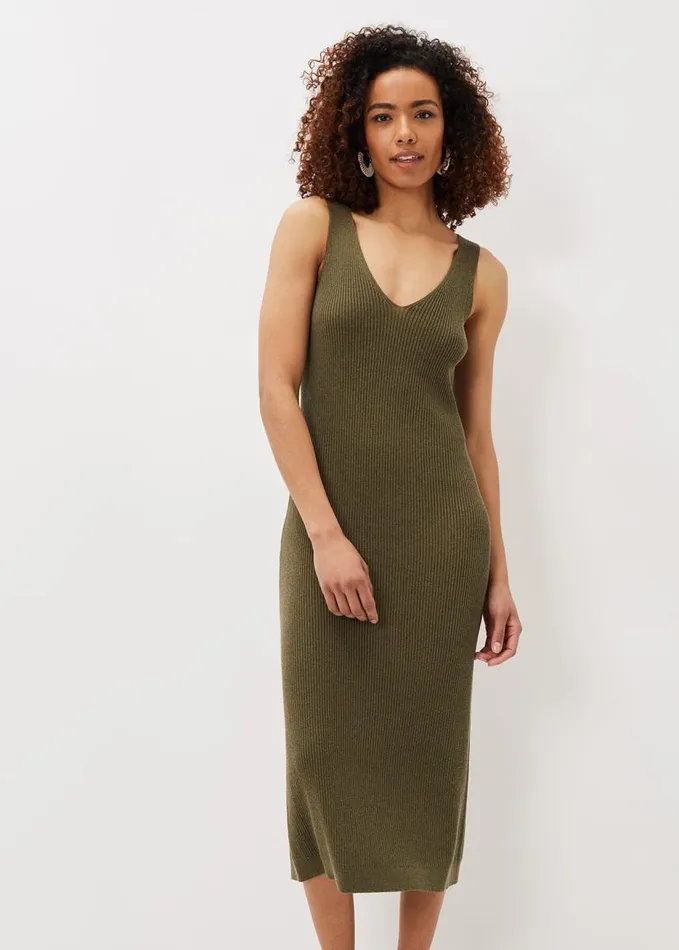 Phase Eight Lindan Ribbed Knit Midi Dress Khaki Women Dresses