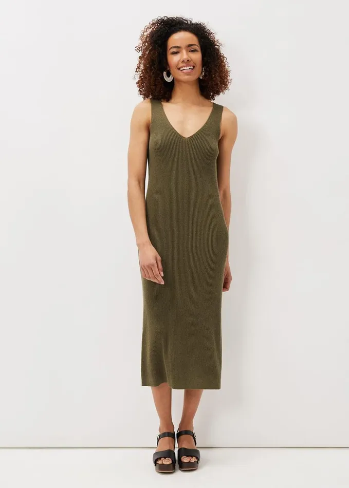 Phase Eight Lindan Ribbed Knit Midi Dress Khaki Women Dresses