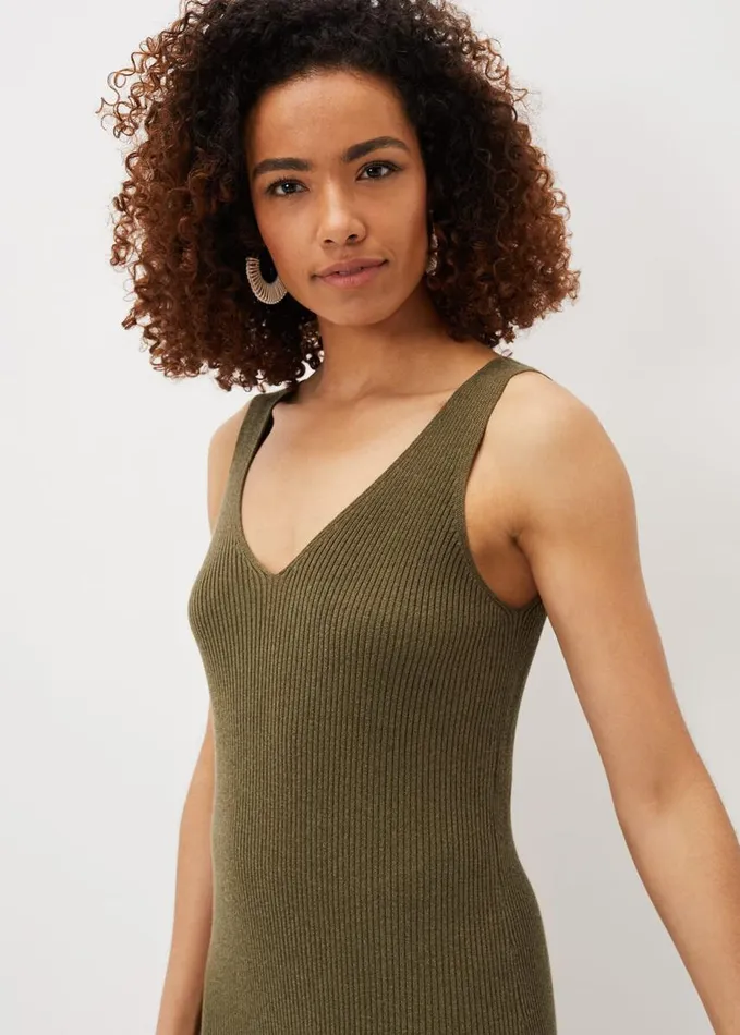 Phase Eight Lindan Ribbed Knit Midi Dress Khaki Women Dresses