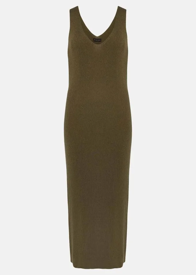 Phase Eight Lindan Ribbed Knit Midi Dress Khaki Women Dresses