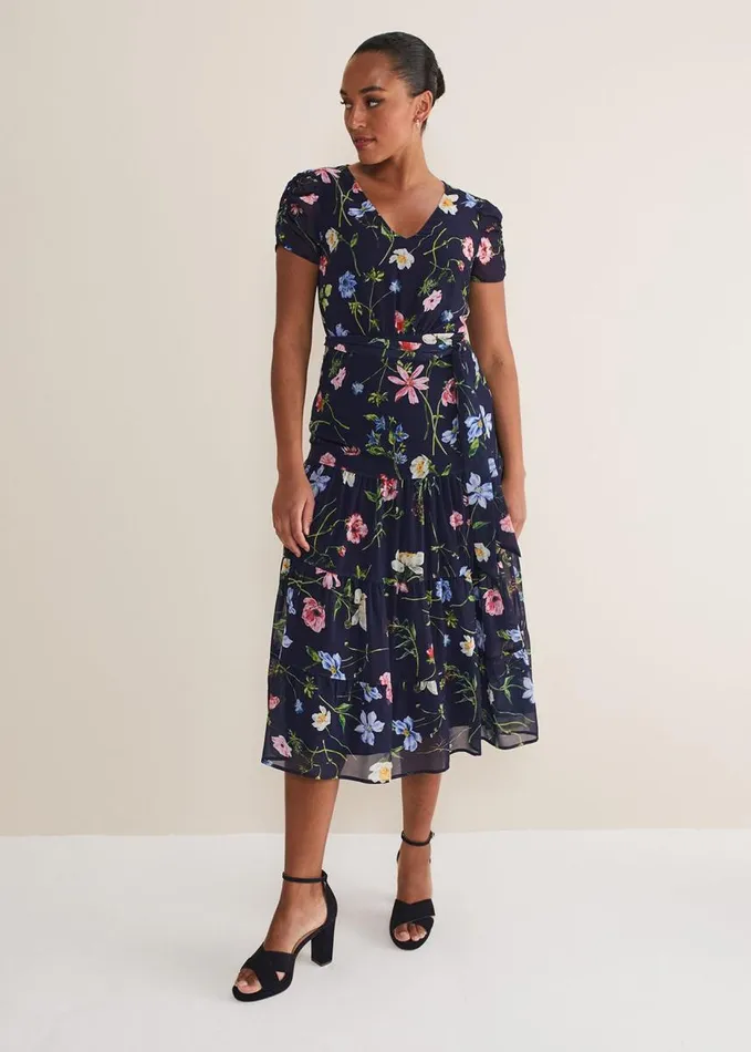 Phase Eight Lola Floral Tiered Midi Dress Navymulti Women Dresses