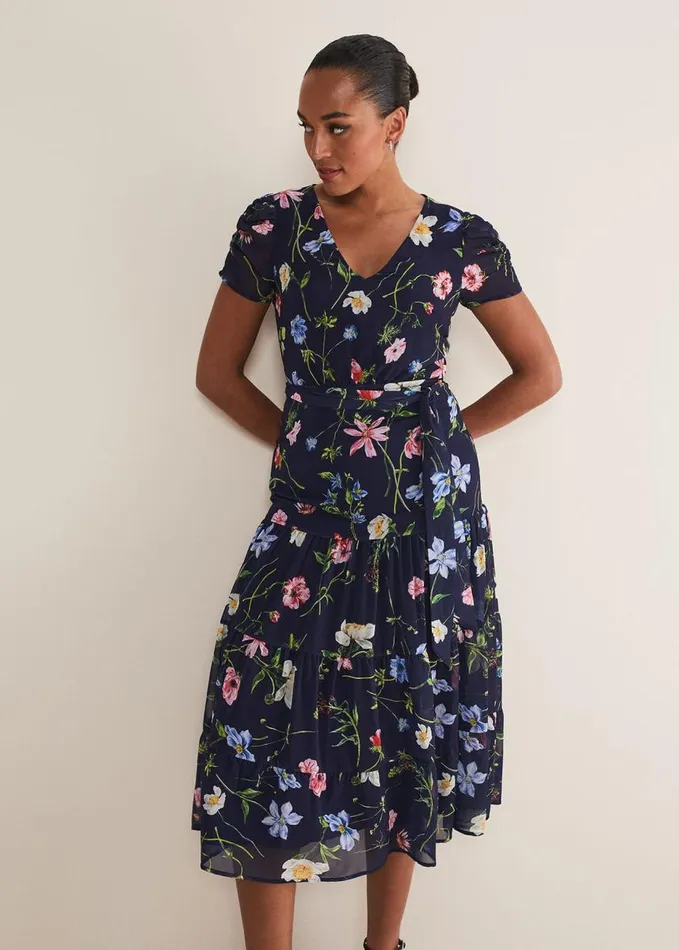 Phase Eight Lola Floral Tiered Midi Dress Navymulti Women Dresses
