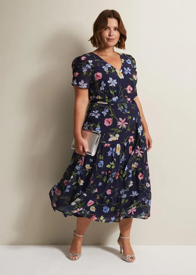 Phase Eight Lola Floral Tiered Midi Dress Navymulti Women Dresses