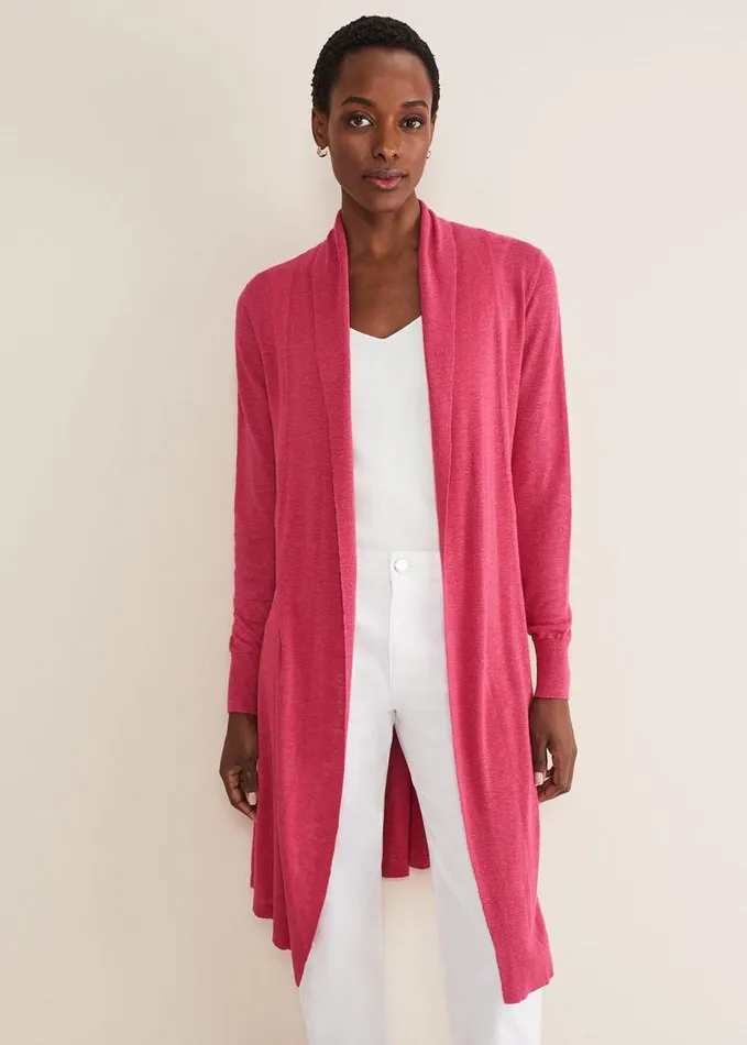 Phase Eight Louise Linen Longline Cardigan Pink Women Knitwear