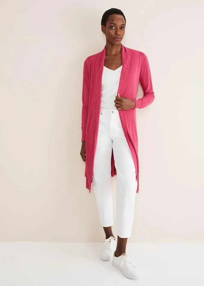 Phase Eight Louise Linen Longline Cardigan Pink Women Knitwear