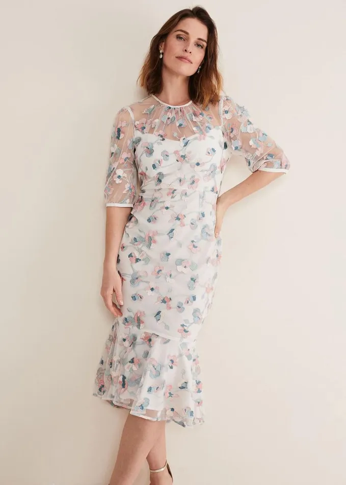 Phase Eight Maia Floral Embroidered Midi Dress Pale Petal Multi Women Dresses