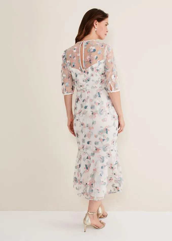 Phase Eight Maia Floral Embroidered Midi Dress Pale Petal Multi Women Dresses