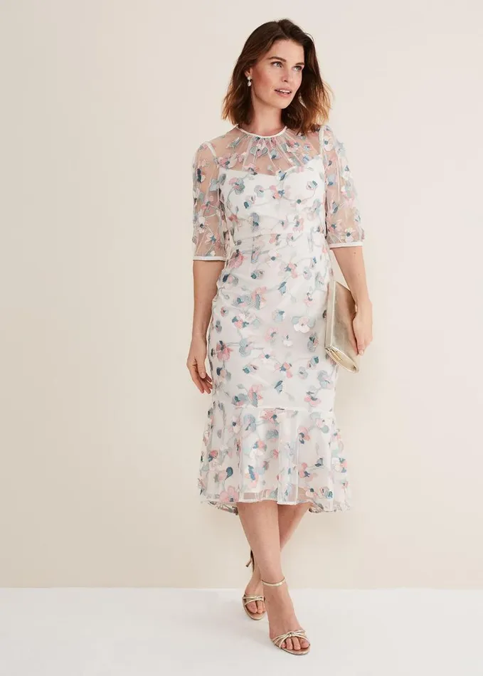 Phase Eight Maia Floral Embroidered Midi Dress Pale Petal Multi Women Dresses