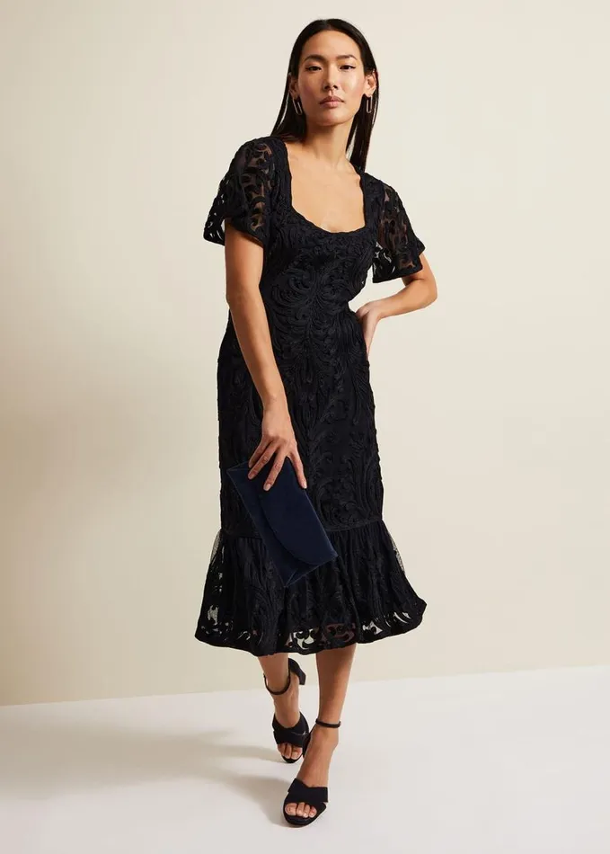Phase Eight Matilda Tapework Midi Dress Navy Women Dresses