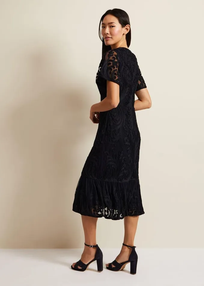 Phase Eight Matilda Tapework Midi Dress Navy Women Dresses