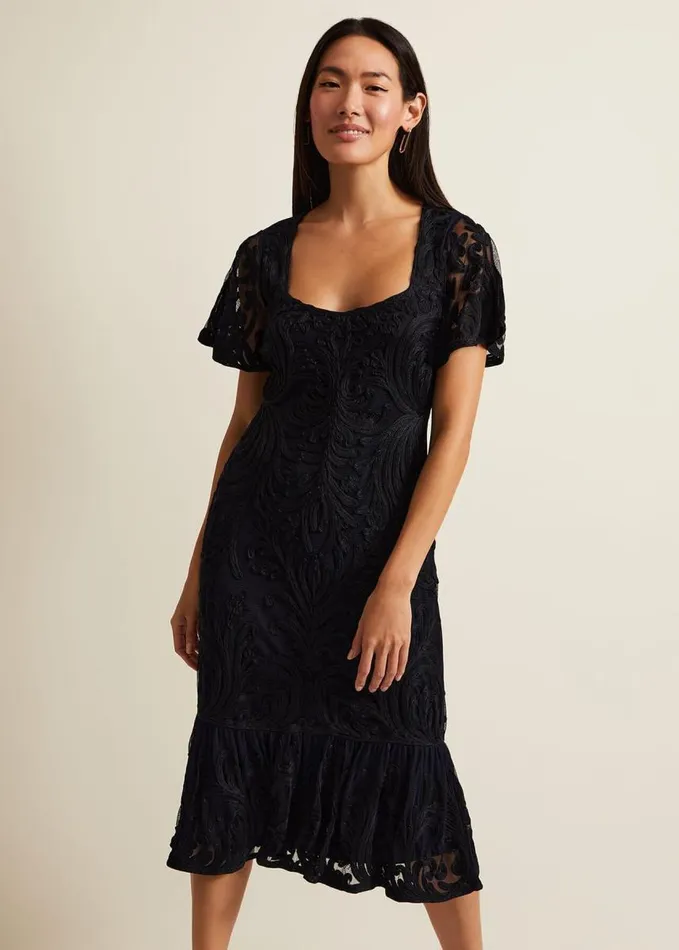 Phase Eight Matilda Tapework Midi Dress Navy Women Dresses