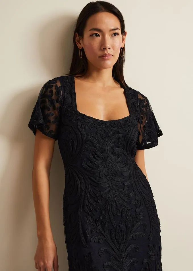Phase Eight Matilda Tapework Midi Dress Navy Women Dresses