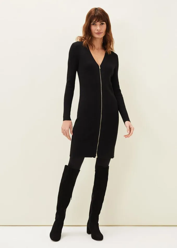 Phase Eight Milla Multiway Zip Ribbed Tunic Dress Black Women Dresses