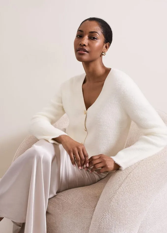 Phase Eight Mindy Fluffy Knit V Neck Cardigan Ivory Women Knitwear