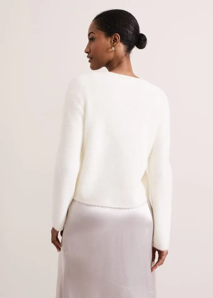 Phase Eight Mindy Fluffy Knit V Neck Cardigan Ivory Women Knitwear