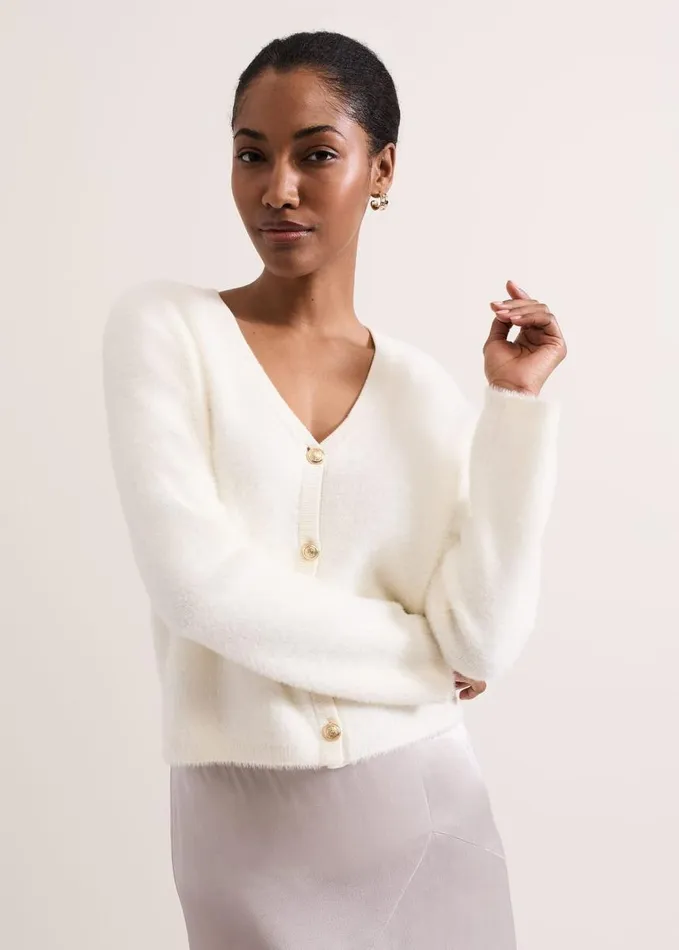 Phase Eight Mindy Fluffy Knit V Neck Cardigan Ivory Women Knitwear