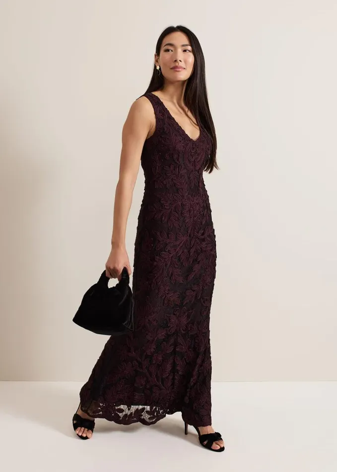 Phase Eight Montee Burgundy Tapework Maxi Dress Burgundy Women Dresses