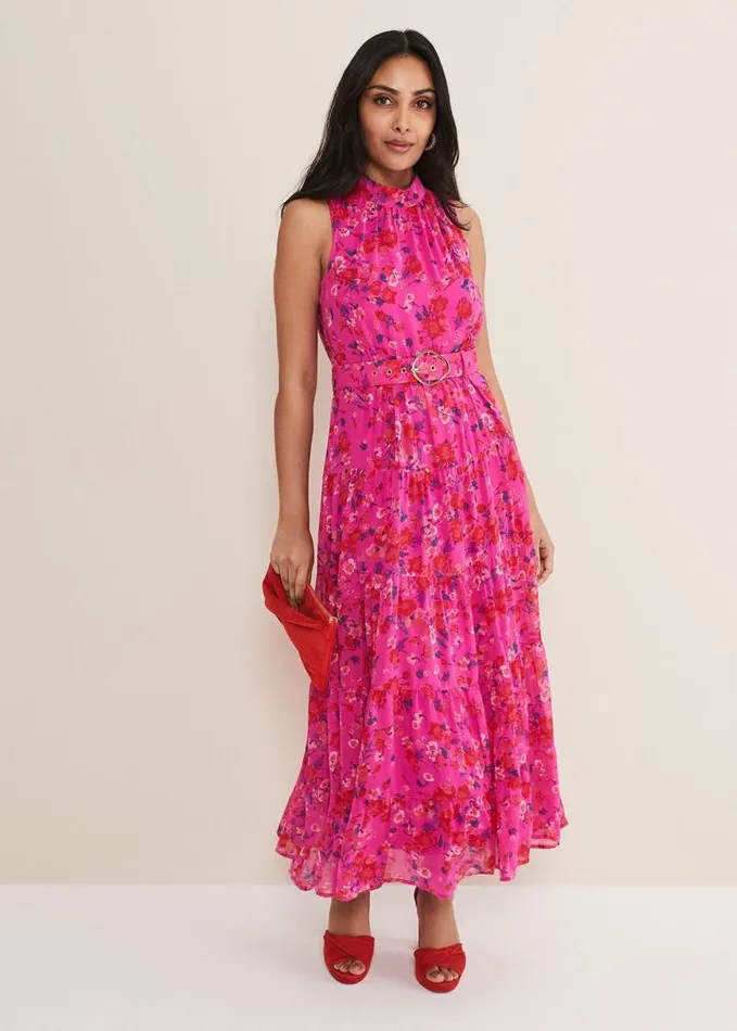 Phase Eight Petite Kara Floral Tiered Maxi Dress Neon Pink Women Dresses