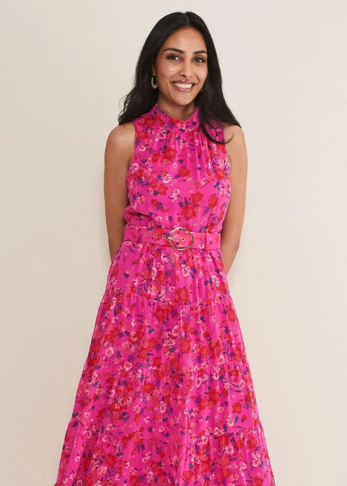 Phase Eight Petite Kara Floral Tiered Maxi Dress Neon Pink Women Dresses