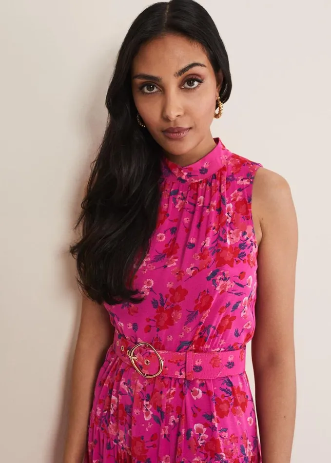 Phase Eight Petite Kara Floral Tiered Maxi Dress Neon Pink Women Dresses