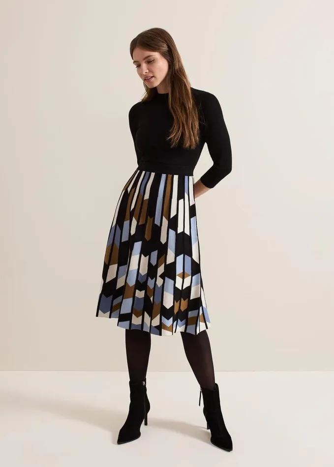 Phase Eight Petite Maci Pleated Sunray Midi Dress Black Multi Women Dresses