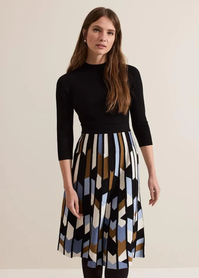 Phase Eight Petite Maci Pleated Sunray Midi Dress Black Multi Women Dresses