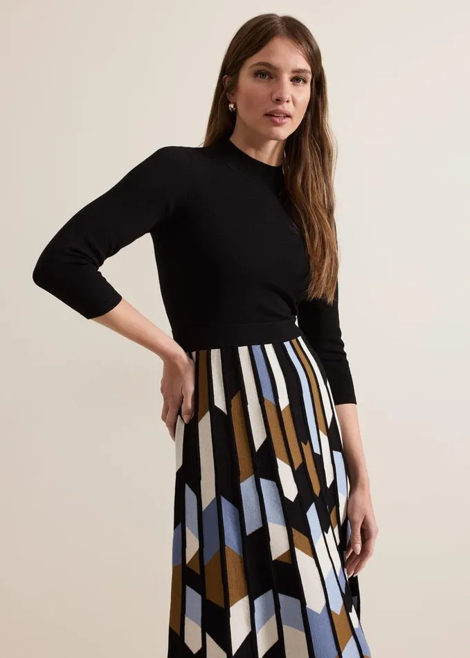 Phase Eight Petite Maci Pleated Sunray Midi Dress Black Multi Women Dresses
