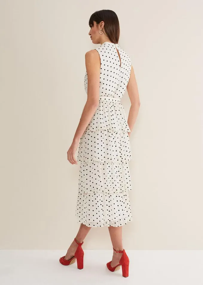 Phase Eight Rita Polka Dot Ruffle Midi Dress Blackwhite Women Dresses