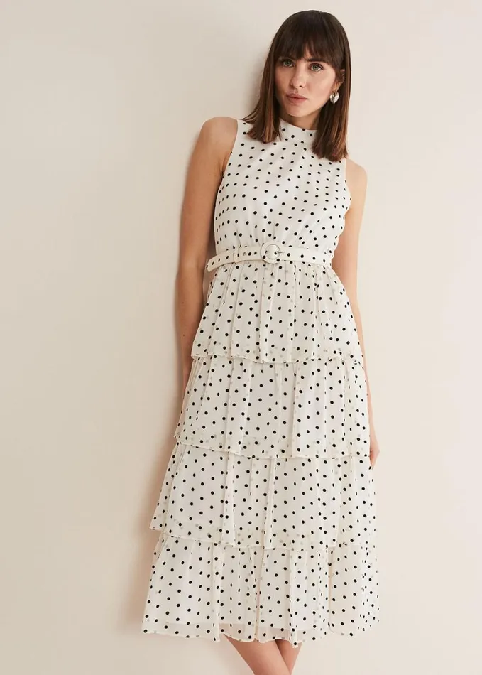 Phase Eight Rita Polka Dot Ruffle Midi Dress Blackwhite Women Dresses