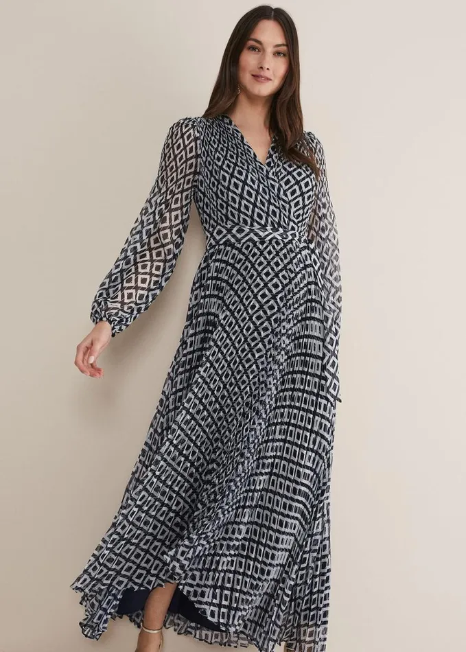 Phase Eight Roxanna Pleated Diamond Maxi Dress Navyivory Women Dresses