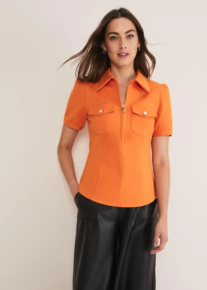 Phase Eight Shaden Zip Front Ponte Top Orange Women Tops and TShirts
