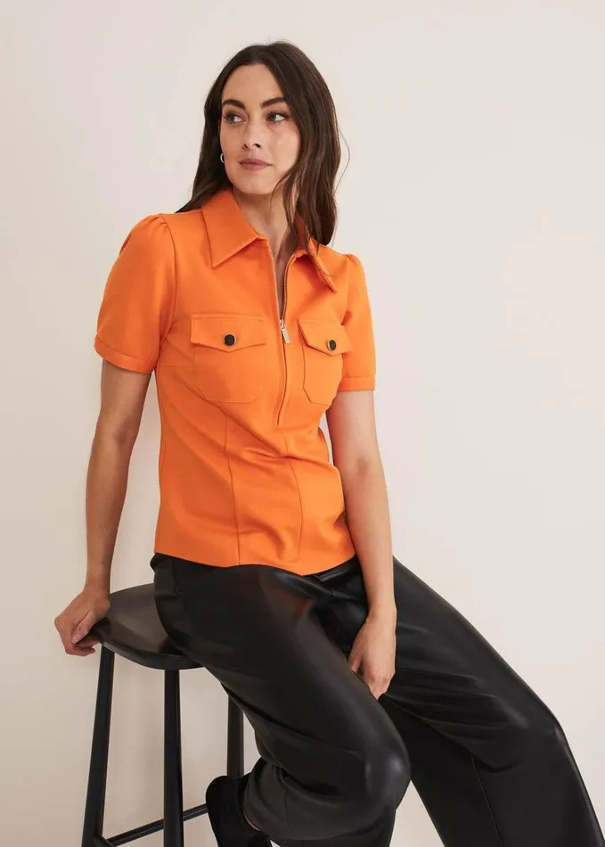 Phase Eight Shaden Zip Front Ponte Top Orange Women Tops and TShirts