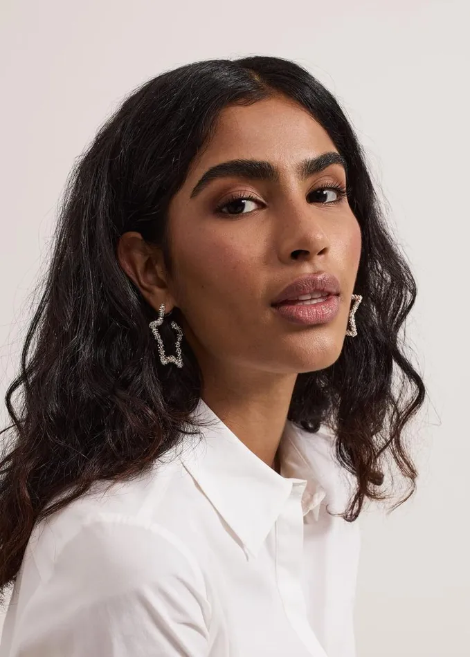 Phase Eight Silver Textured Large Star Hoop Earrings Silver Women Jewellery