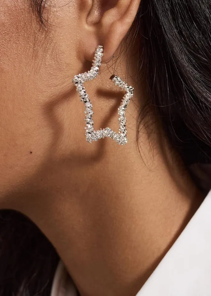 Phase Eight Silver Textured Large Star Hoop Earrings Silver Women Jewellery