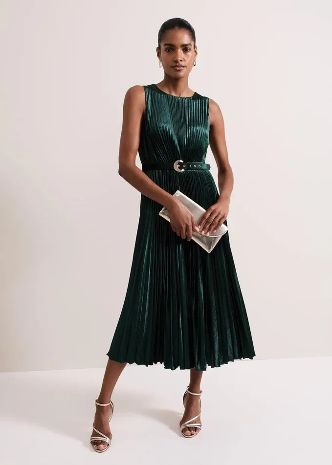 Phase Eight Simara Velvet Pleat Midi Dress Dark Green Women Dresses