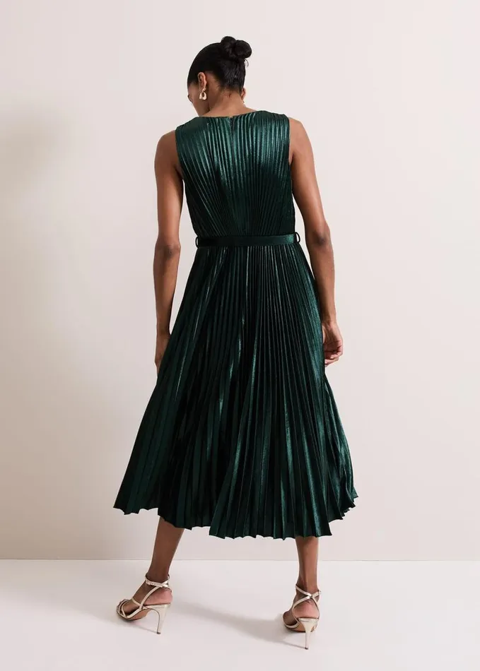 Phase Eight Simara Velvet Pleat Midi Dress Dark Green Women Dresses