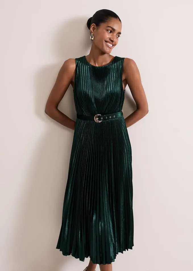 Phase Eight Simara Velvet Pleat Midi Dress Dark Green Women Dresses