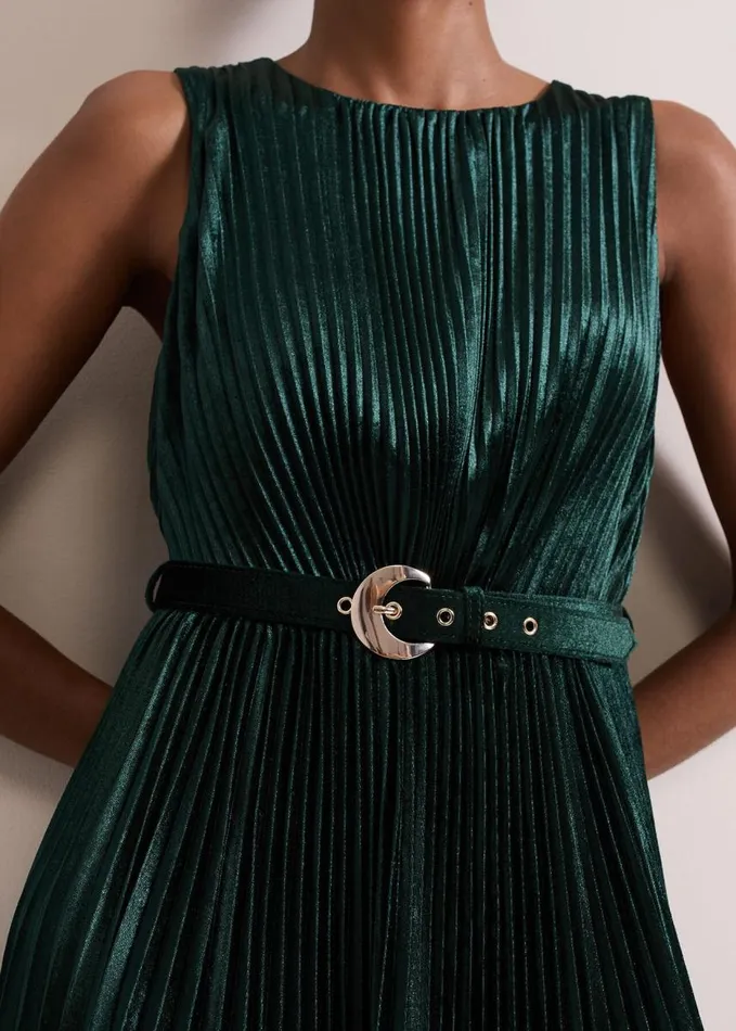 Phase Eight Simara Velvet Pleat Midi Dress Dark Green Women Dresses