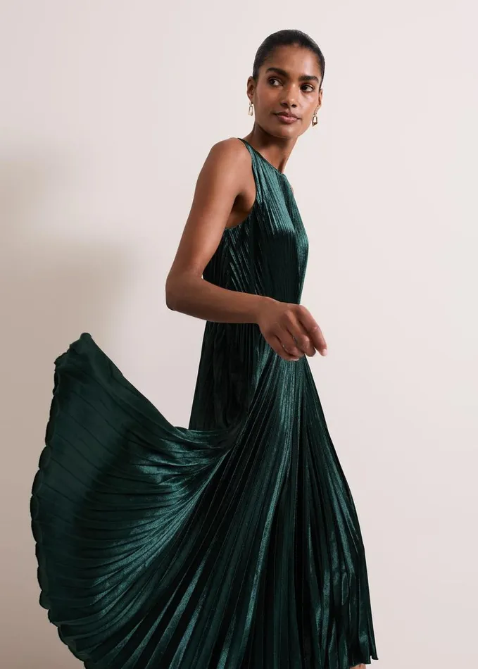 Phase Eight Simara Velvet Pleat Midi Dress Dark Green Women Dresses